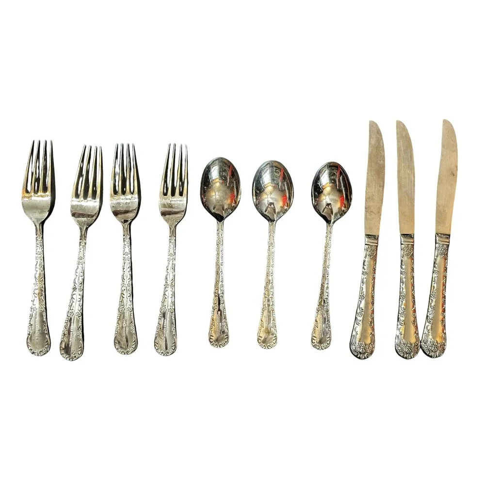 WM Rogers & Son Silver Plate Flatware 10pc Set Enchanted Rose‎ Floral Art Deco